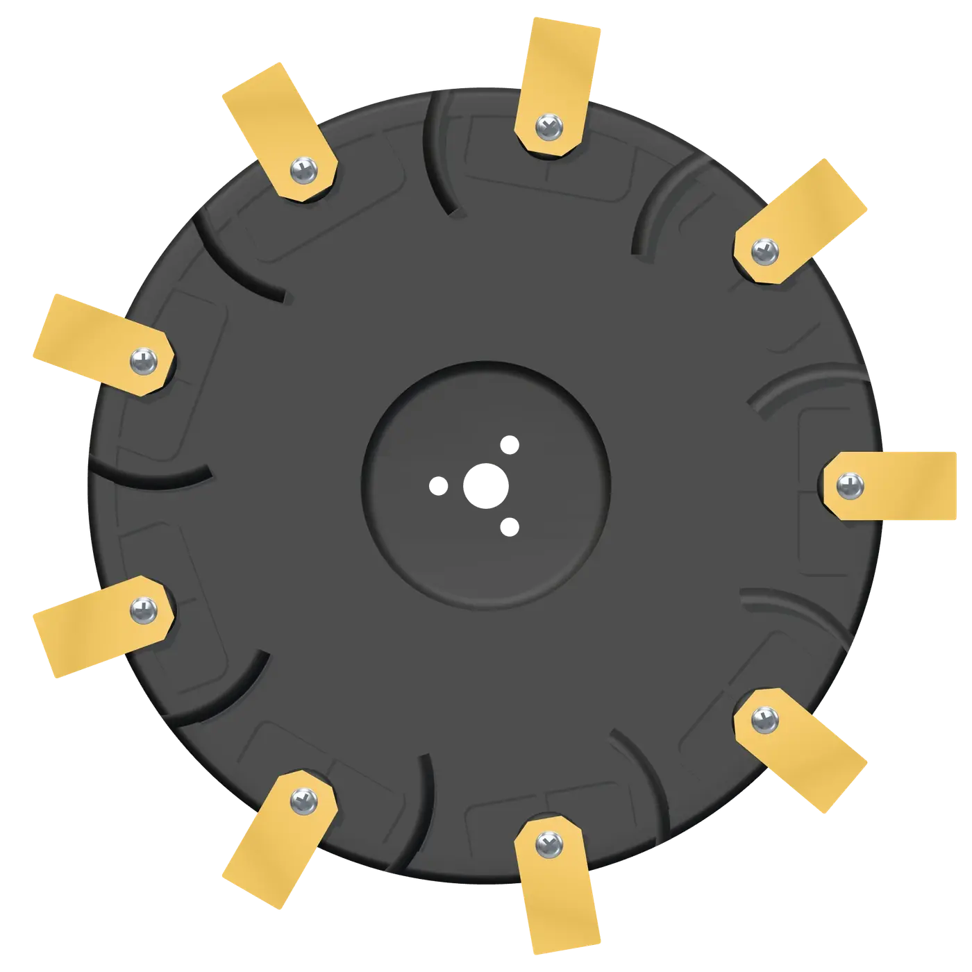 3D-Darstellung des Tuning-Messertellers mit 21 cm Durchmesser, 9 Edelstahlklingen und Messing-Einpressmuttern, Draufsicht
